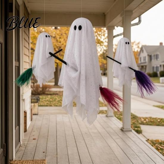 Cute Ghost Hanging for Trees 3 Pcs Halloween Ghosts on Brooms Spooky Flying Gauze Indoor Outdoor Party Props with Broomstick Tree Porch Yard,