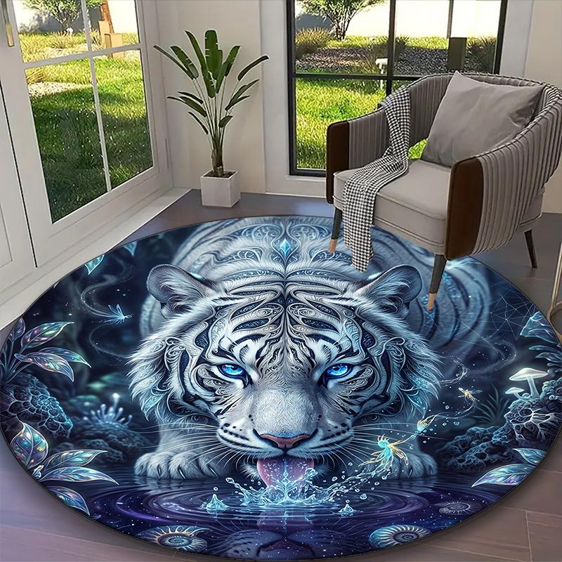 [White Tiger Printed Carpet] Non-slip Office Rug, Cozy Round Carprt for Living Room Use, Soft Home Sofa Chair Mat
