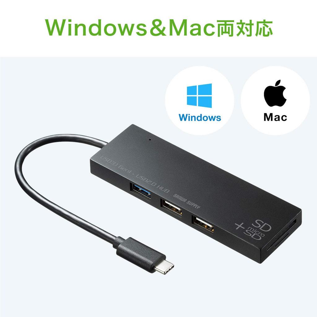 Sanwa Supply USB-hub Tilkobling x 1 x 2 kortleser Svart Type-C (USB3.1/3.0-port/USB2.0-porter/SD-kort/microSD inkludert) USB-3TCHC16BK