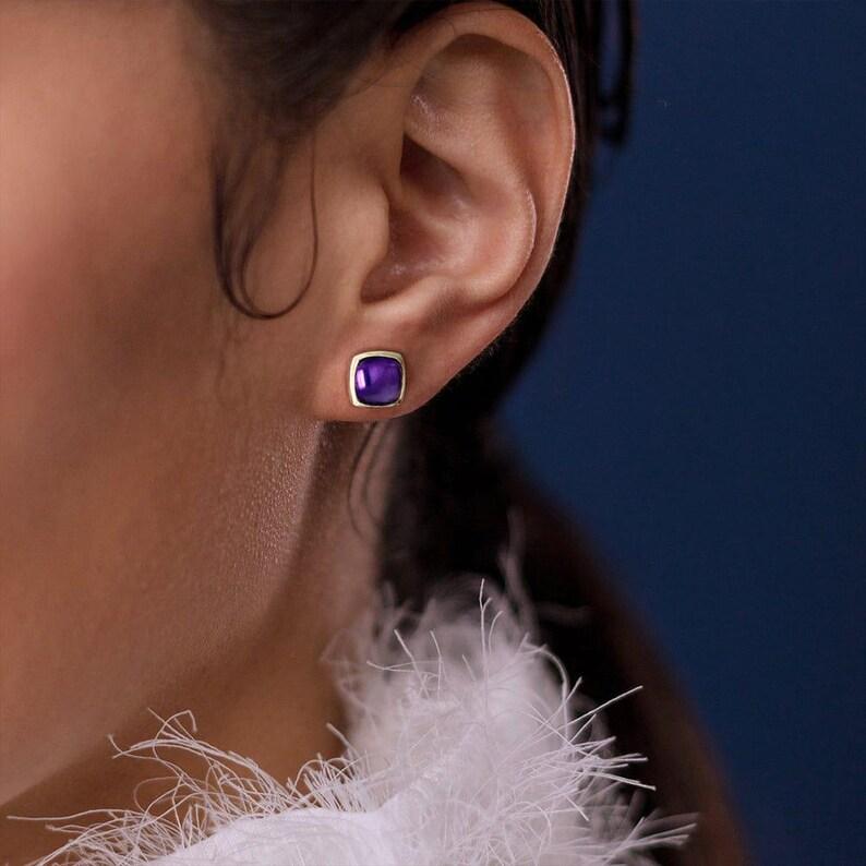 

Серьги-гвоздики из натурального аметиста, минималистский подарок для нее, серьги с драгоценными камнями-кабошонами серебряный