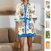 2026 Womens Printed Wrap Tie Neck A-Line Mini Dress High Waist Short Sleeve Elegant Office Casual