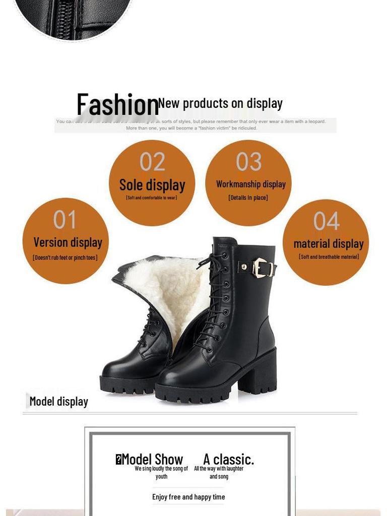 Women's Chunky Heel Leather Ankle & Mid-Calf Winter Boots with Velvet Lining