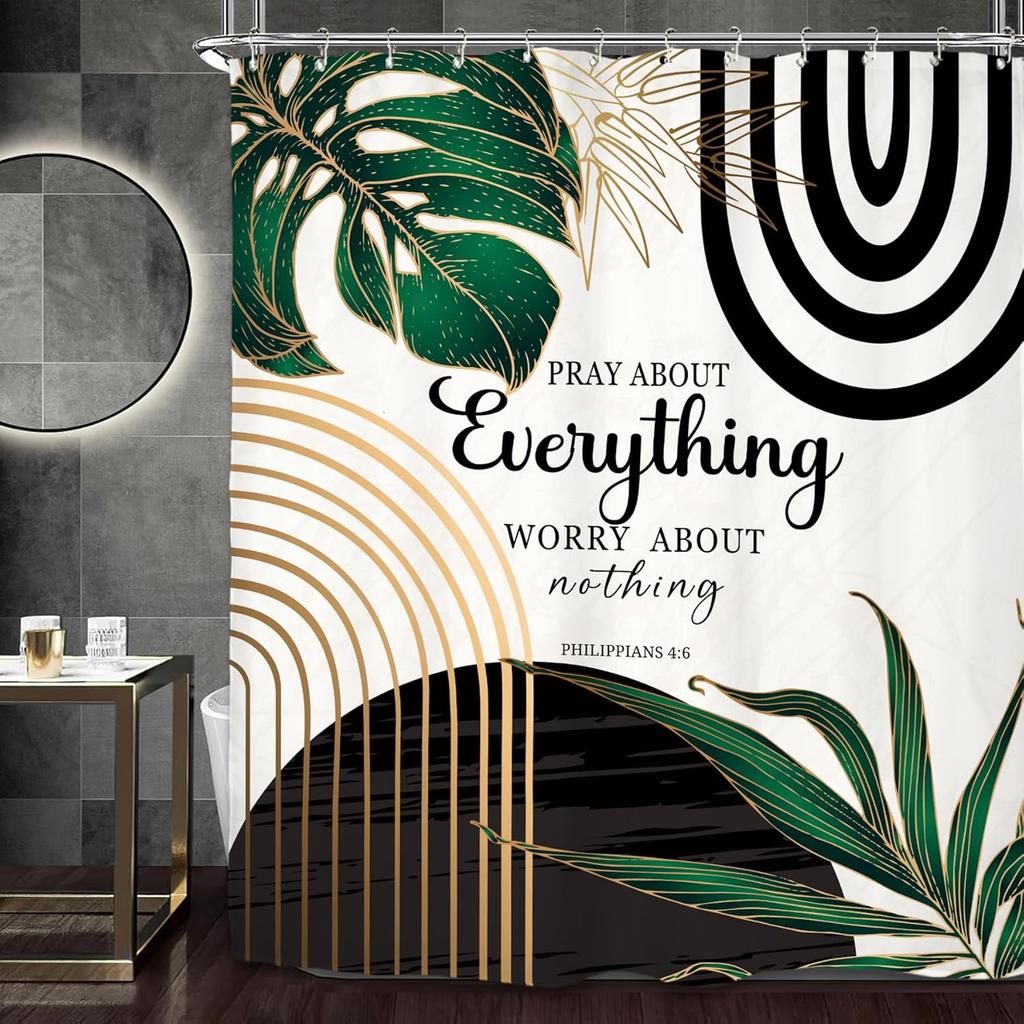 Abstract Zen Spa Shower Curtain Set Minimalist Bible Meditation Modern Aesthetic Contemporary Green Plant Leaves Monstera