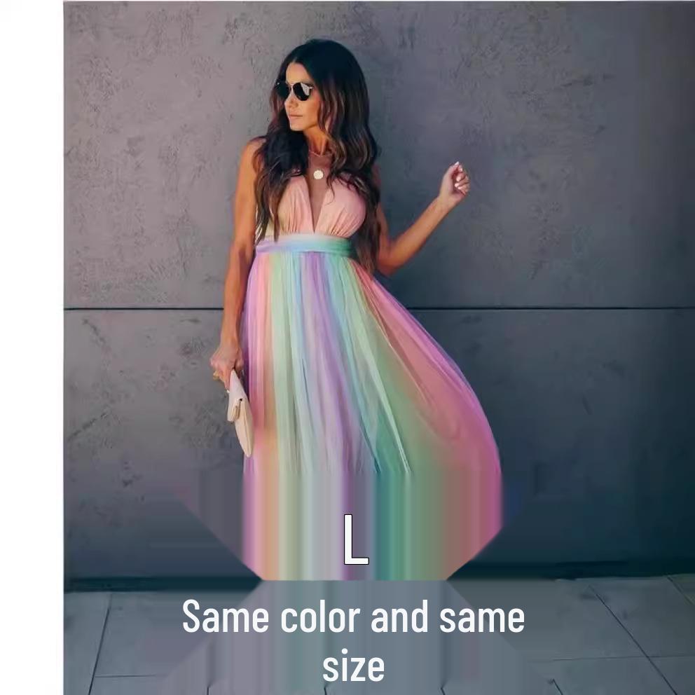

Rainbow Mesh Deep V Sexy Women s Sling Dress Medium