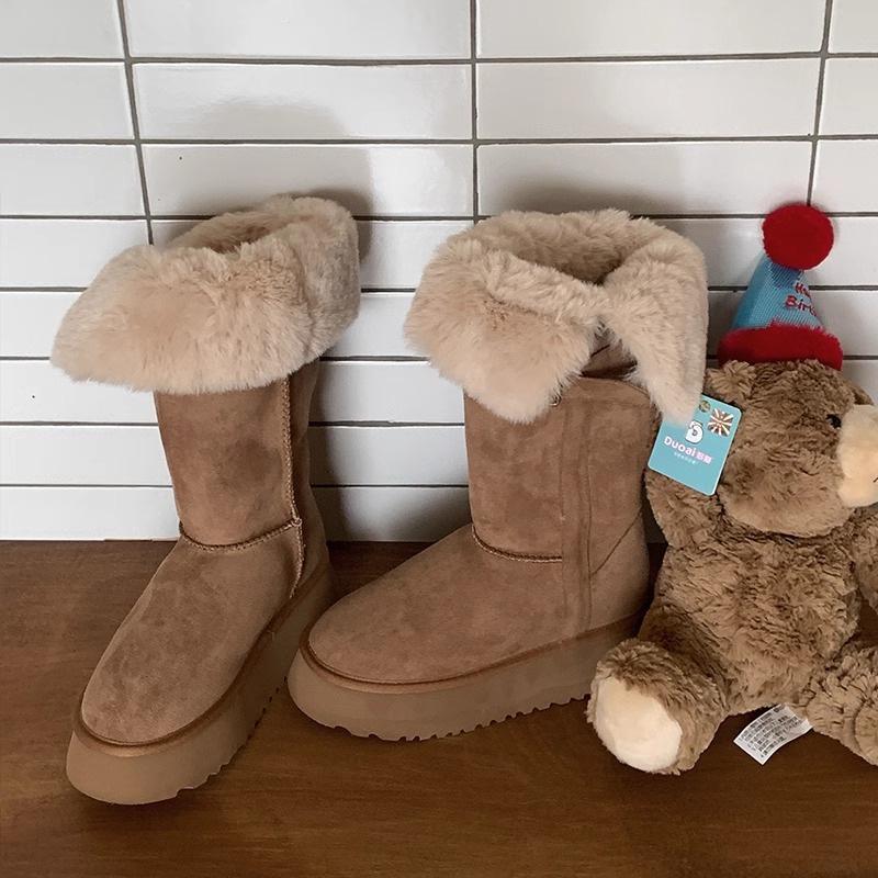 2025 Winter neue Zwei-Wege mittelhohe Schneestiefel Schafsfell-Fell integriert lässig Samt warm dicksohlig erhöhend Stiefel