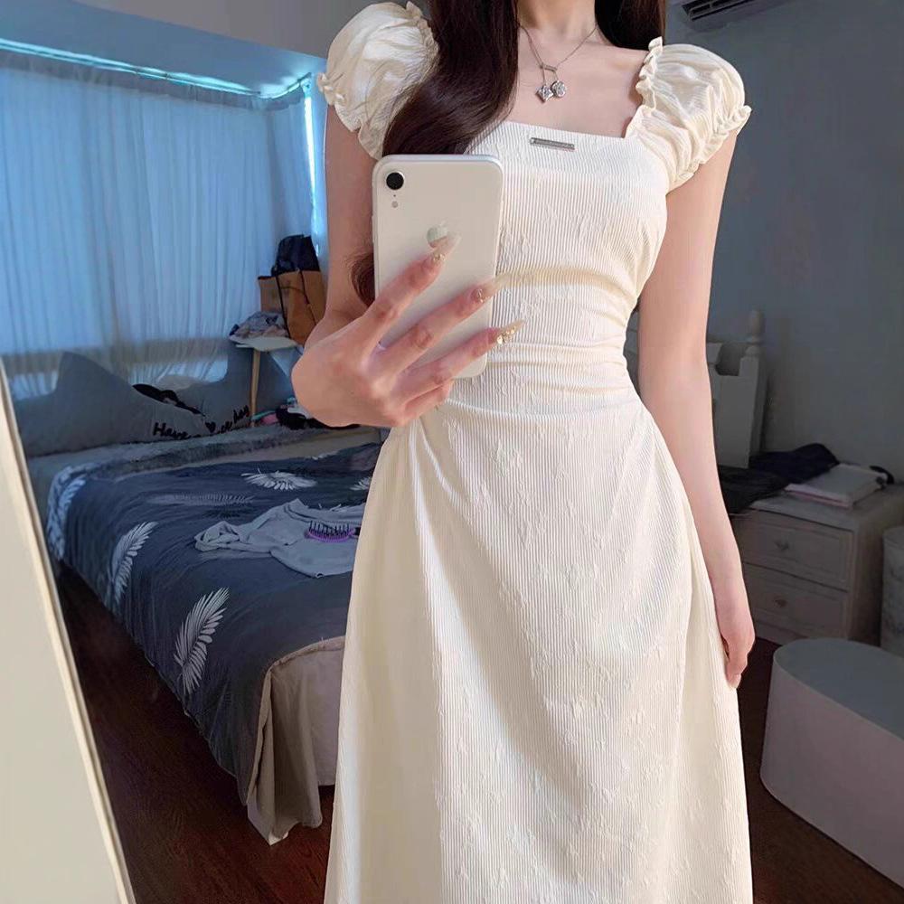 French square neck white dress for women, new summer first love, pure and sweet milky petite waist-cinching long dress