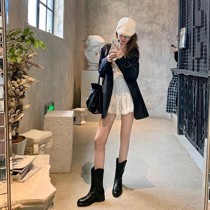 British style pointed V mouth thick heel western boots women's 2024 autumn and winter new retro medium heel versatile medium tube Martin boots