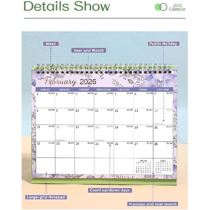 2026 Desk Calendar, 12 Months Standing Flip Calendar,JAN 2026 - DEC 2026, 10" x 8.3", Thick Paper, Strong Binding, Stand Up Calendar, with Memo Pages