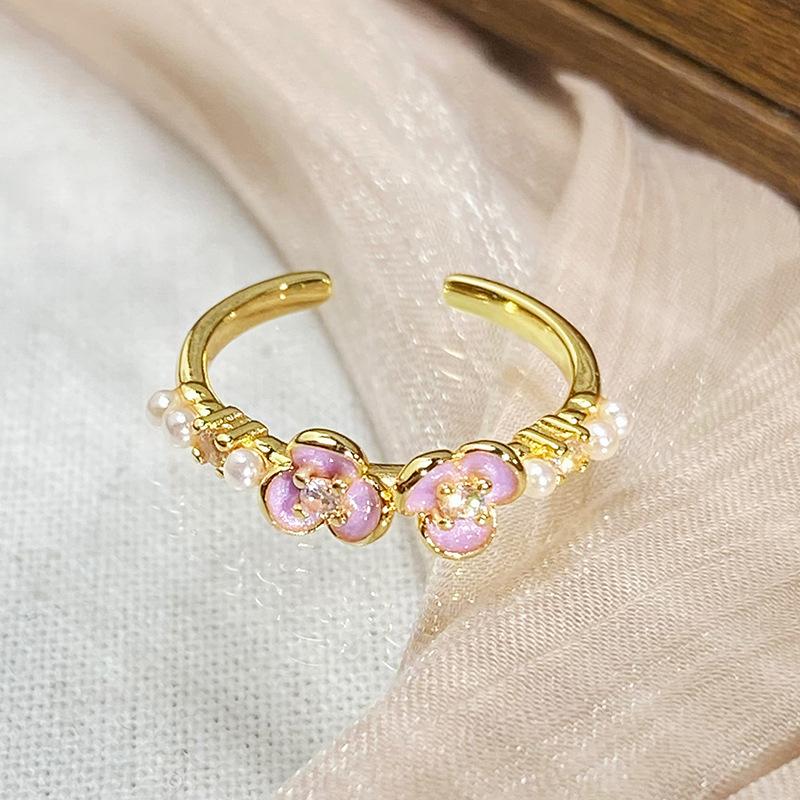 Gold Medieval Vintage Enamel Peach Blossom Butterfly Ring Niche Light Luxury High Sense French Retro Ring Woman