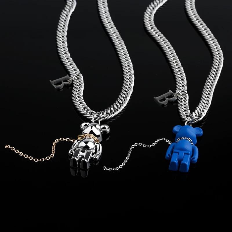 Tide cool hip hop chain blue bear B necklace men's and women's new niche design sweater sweater chain