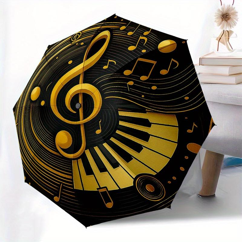 Ombrello Circolare con Stampa Artistica Note Musicali Dorate e Tasti di Pianoforte, Ombrello Compatto Pieghevole a 3 Pieghe Portatile per Uomo e Donna, Regalo