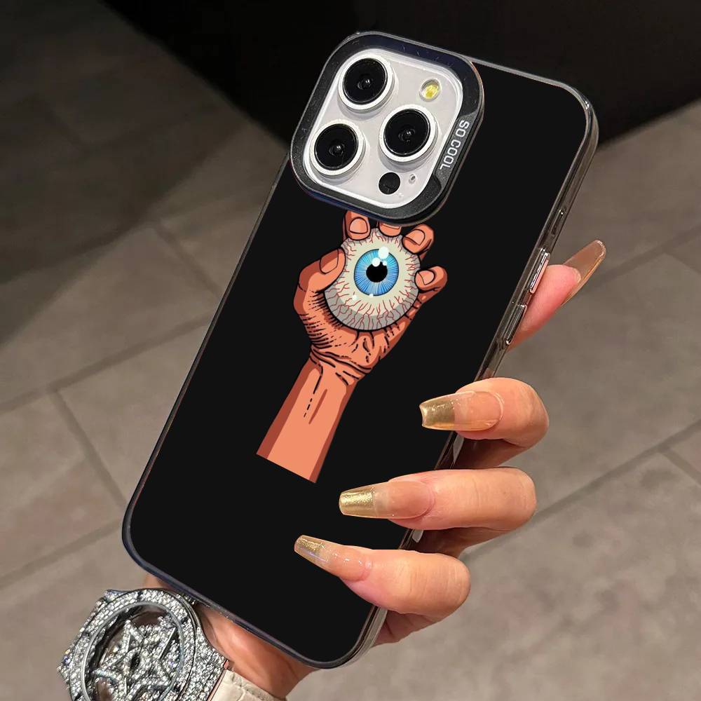 Big Eyes Trendy Print Lines Phone Case For iPhone 17,16,15,14,13,12,11 Plus,Pro Max,XS,Colored Silver Plated Inside Cover