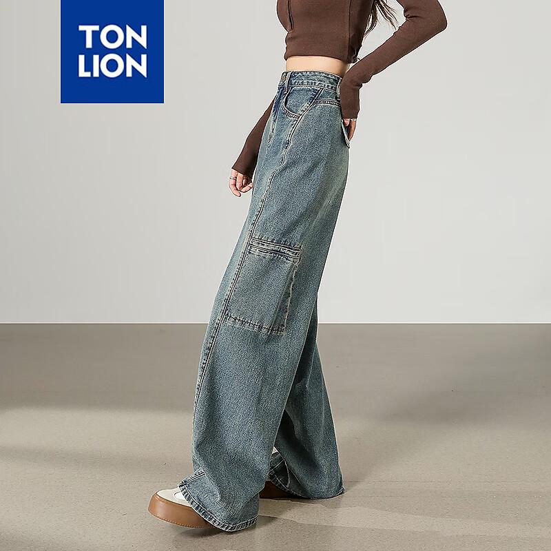

TANGSHI Women s Loose Fit Wide-Leg Cargo Denim Jeans 27