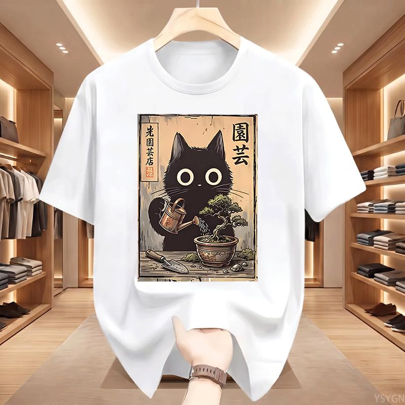 Bonsai Black Cat Tshirt Japanese Style Tee Casual Cotton Short Sleeve Gardening Cat Tees Unisex Unisex Funny Cat Lover Tshirt