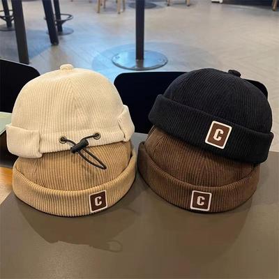 Cappello da Bambino in Velluto a Coste Autunno Inverno Senza Visiera Colore Unico Lettera C Cappellino Docker per Bambini Piccoli Hip Hop Ragazzi Ragazze Berretto Melone Regolabile