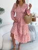 Women Elegant Floral V Neck Long Sleeve High Waist Ruffled A Line Long Dress