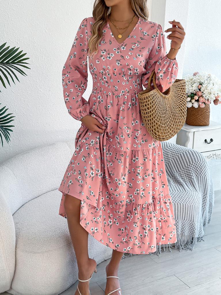 Women Elegant Floral V Neck Long Sleeve High Waist Ruffled A Line Long Dress