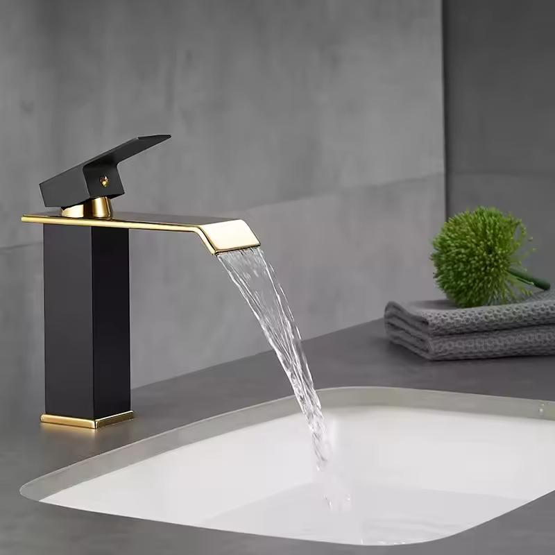KAWAL Luxury Antique Design Basin Faucet Black Golden Waterfall Bathroom Mixer Modern Deck Mounted Basin Faucet