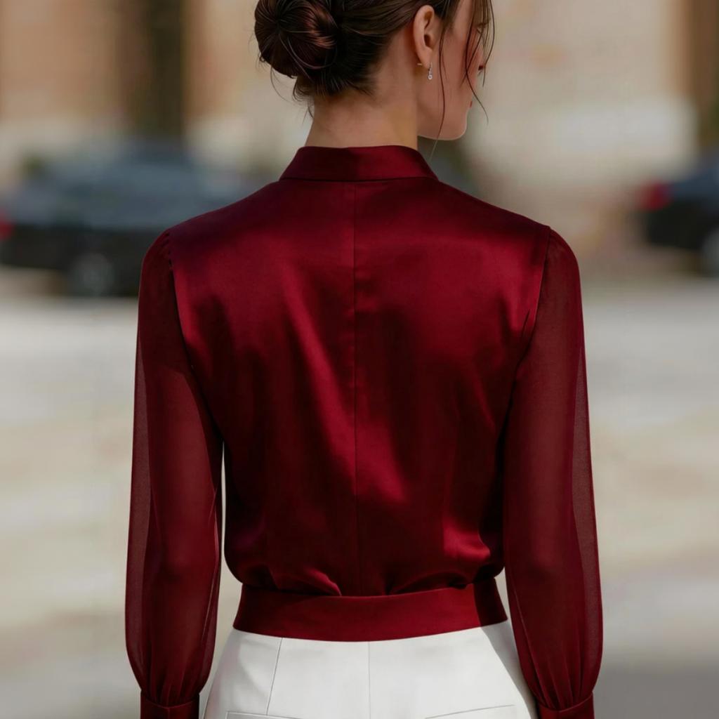 Damen-Farbsatinbluse mit Mesh-Einsatz und Stehkragen für Arbeit und Freizeit