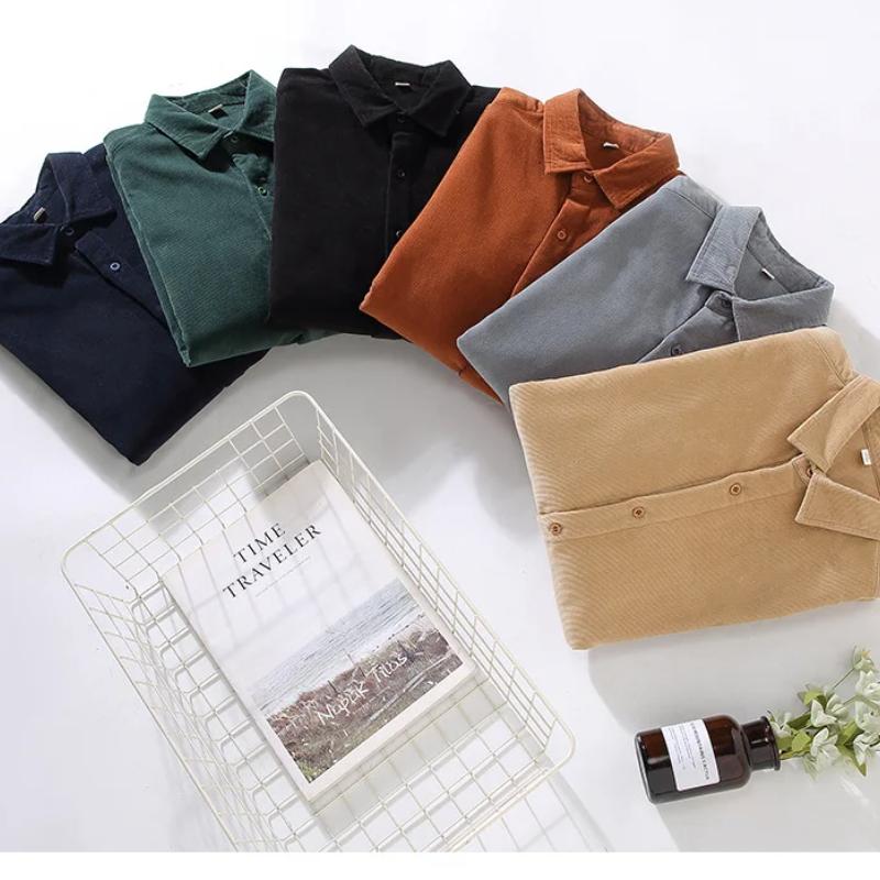 Autumn and Winter Warm Shirt Men Daily Casual Long Sleeve Shirts Lapel Collar Corduroy Fleece Shirt Retro Simple Style Thicken Men Tops
