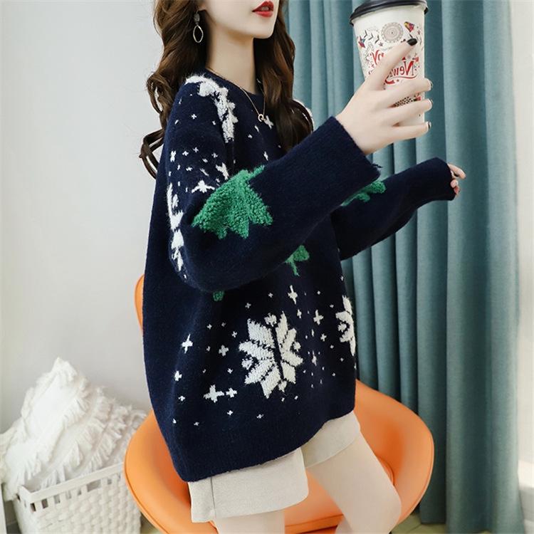 Women's 2024 Autumn Winter Round Neck Loose Knit Christmas Sweater Pullover