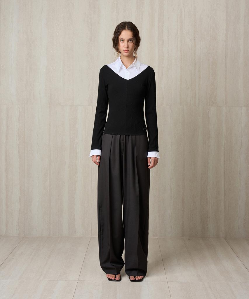 RE RHEE Shirt Collar Ribbed Knit Top Black