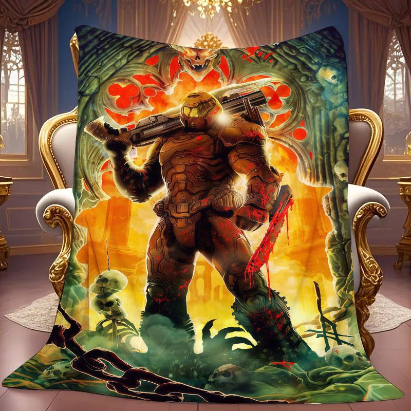 1Pc DOOM Print Flannel Blanket, High quality Comfortable for All Seasons, Home Decor, Warmth and Comfort, Perfect for Christmas Gifts