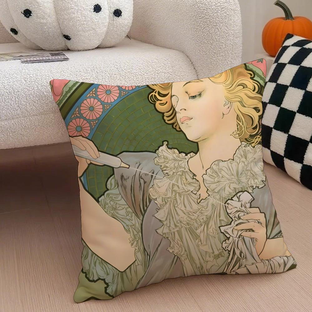 A-Alphonse Maria M-Mucha Cushion Cover Linen Pillow Case Soft Breathable Protective Couch Room Decoration