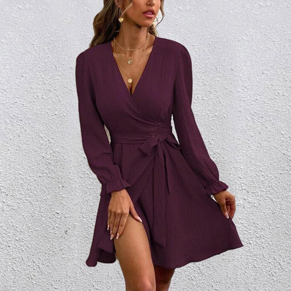 Women's Fashion Casual Solid Color V-Neck Drawstring  Sleeves Patchwork Dress