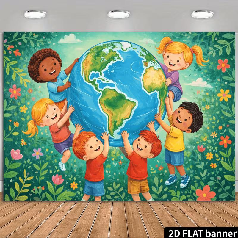 

2D Save the Planet Backdrop, Diverse Kids & Greenery Photography Background 47.2x31.5inch/120*80cm