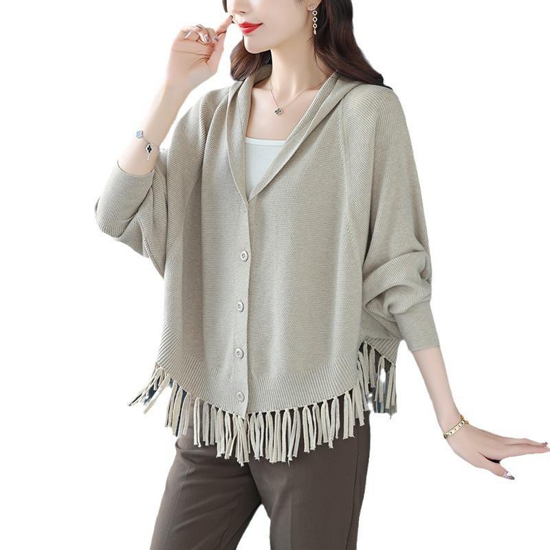 Lazy Wind Fringed Knitted Sweater Jacket Women's Autumn Solid Color Casual Large Size Bat Hooded Sweater Loose Cardigan Women
