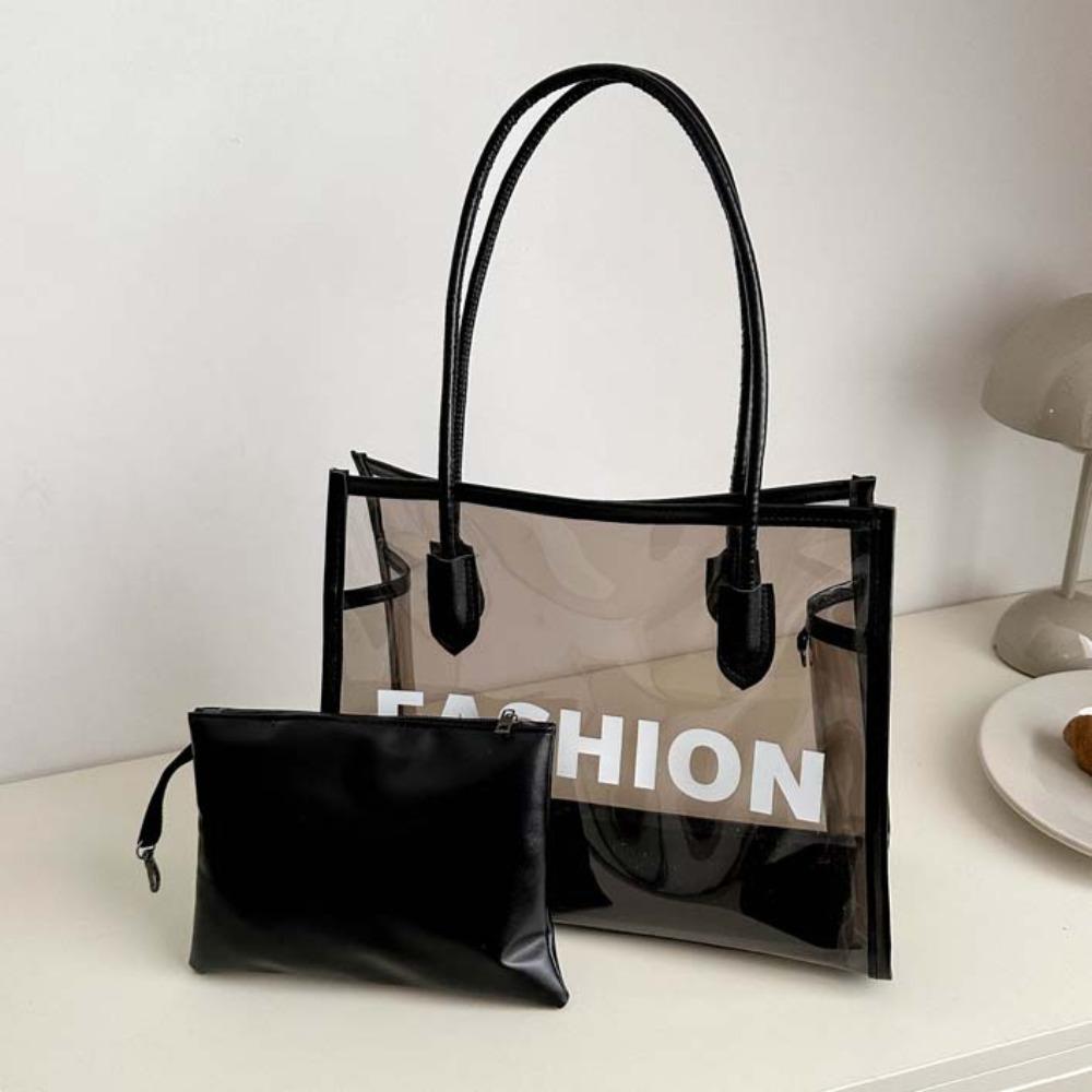 2pcs/set PU Leather Clear PVC Handbag Fashion PVC Composite Tote Bags Transparent Jelly Bag  Daily