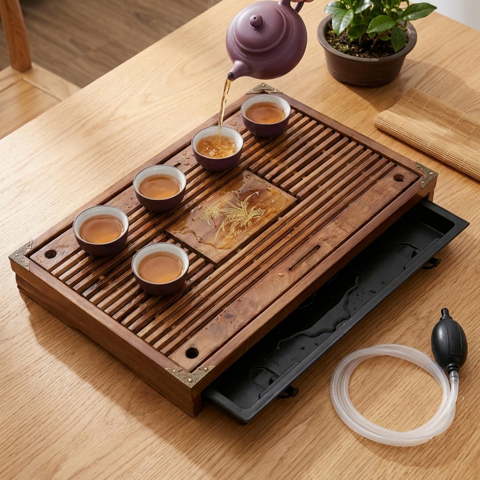 17 In Wooden Tea Tray Vintage Chinese Tea Serving Tray Exquisite Kung Fu Tea Trays Drawer Type Storage Drainage Board for Office marrone