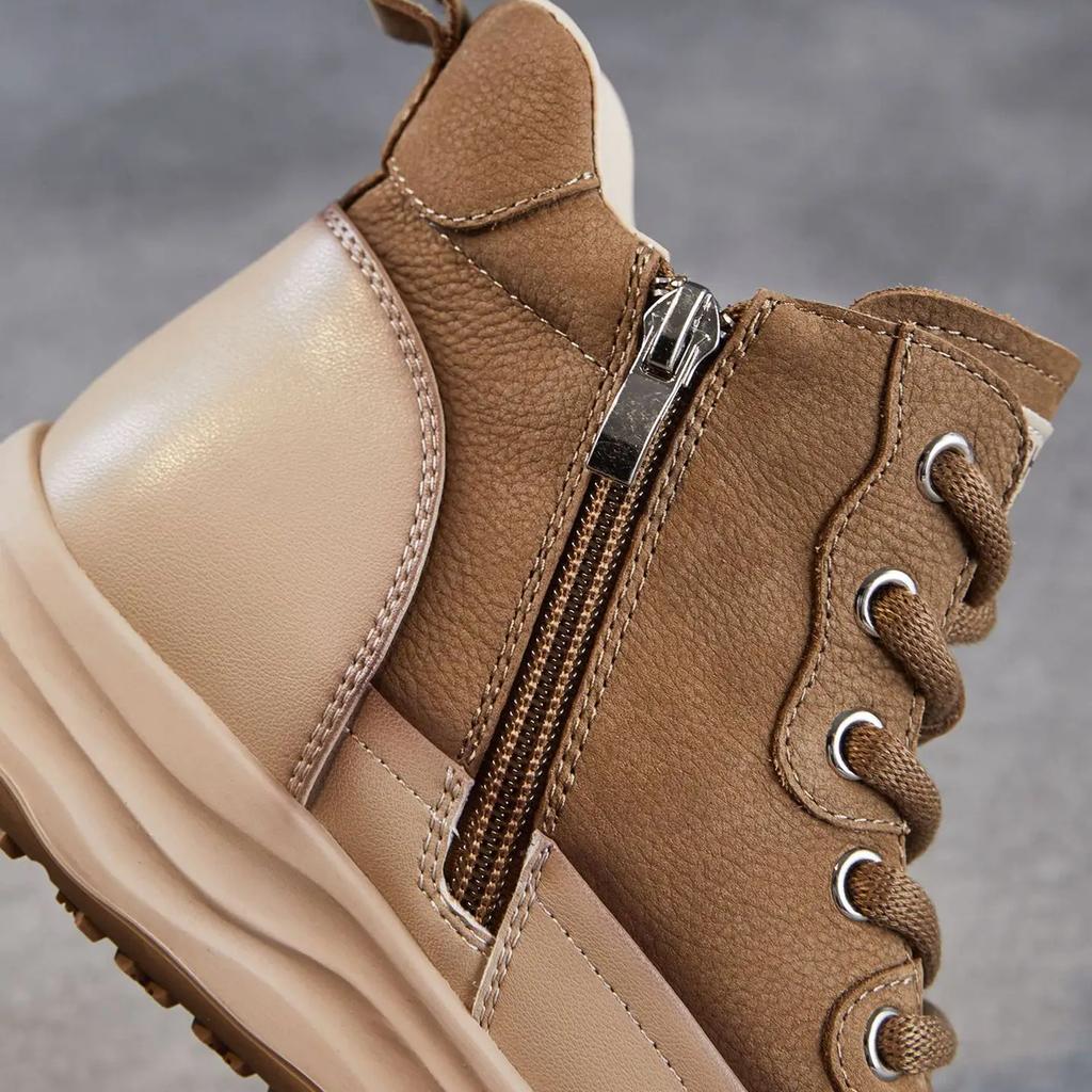 Johnature Echtes Leder Dicksohlige Retro Stiefeletten mit seitlichem Reißverschluss Lässige Schnürschuhe Damen Flache Plateau Schuhe