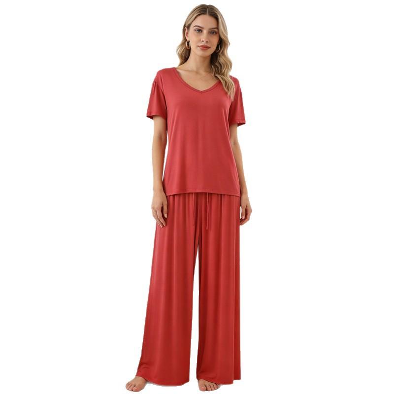 Modal Homewear 2pcs Pajamas Set Short Sleeve Tops and Trousers Solid Color Casual Loose Sleepwear Suit Plus Size Nightwear