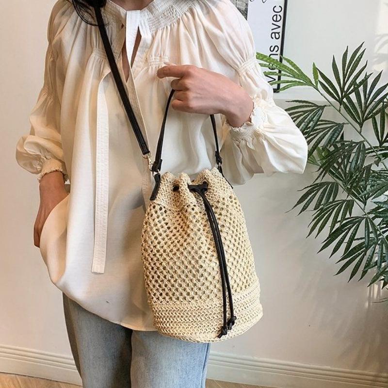 Hollowed-out Handheld Drawstring Style Women's Woven Vintage Fashion Niche Versatile Shoulder Crossbody Bucket Bag