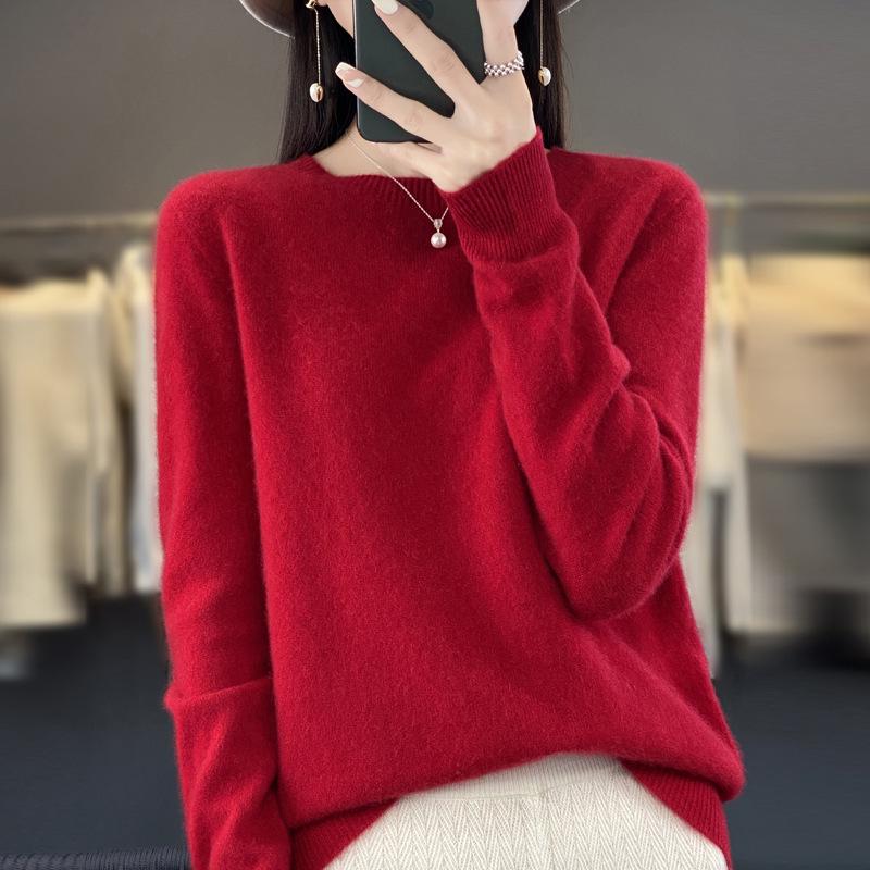 Women's Round Neck Wool Knit Sweater - Simple, Versatile, Long Sleeve Base Layer