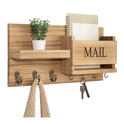 4-in-1 Entryway Wall Shelf Wall Mounted Mail Holder with Key Hooks Rustic Wooden Entryway Organizer for Mails Magazines Keys