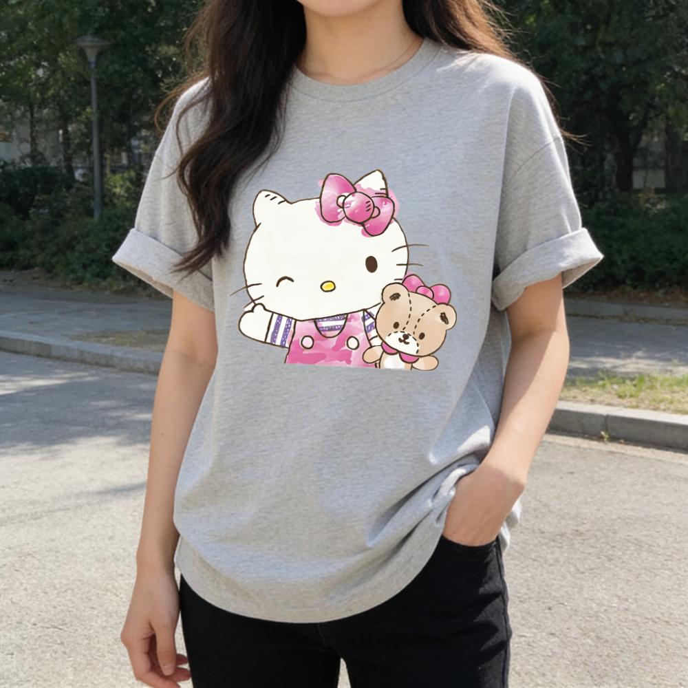 2026 New Hello Kitty Teddy Bear Watercolor Cartoon Print Tshirt Family Matching Outfits Casual Short Sleeve Tee Women Unisex Kids