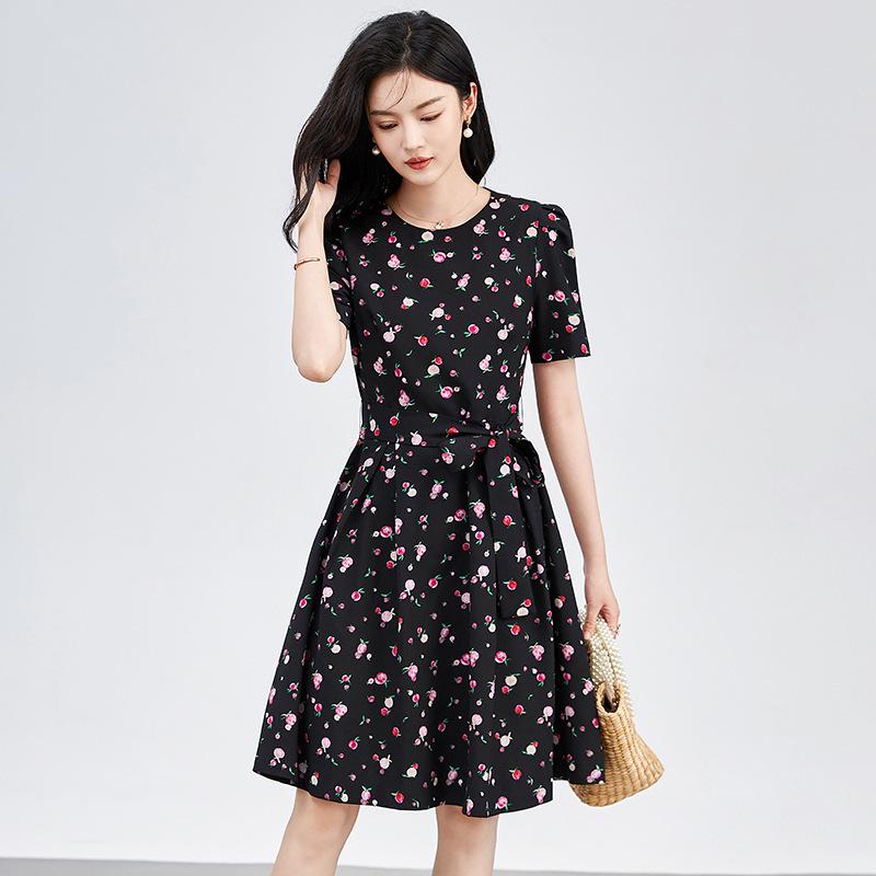 

Elegant French Chiffon Print Waist-Slimming Dress for Women S чёрный