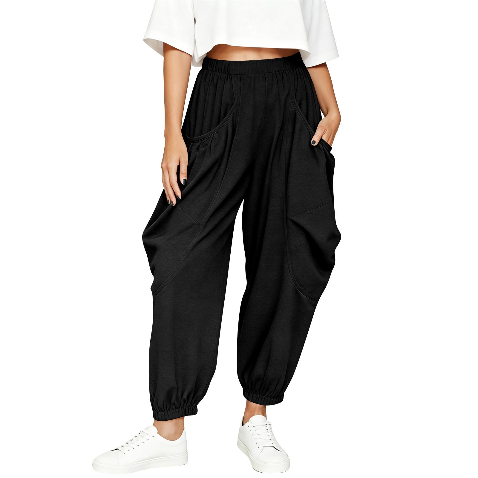 Women s Loose-fitting Wide-leg Pants, Casual Loose-fitting Pants, High-elastic Waistband, Long Pants With Pockets L чёрный