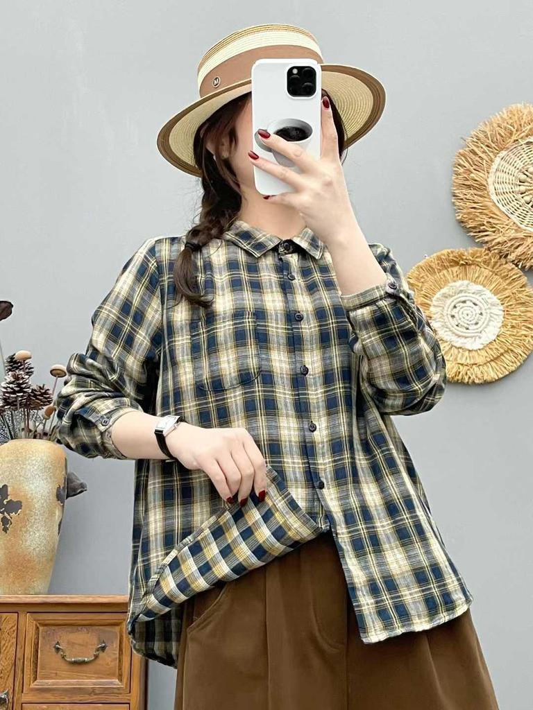 Women's Autumn Plaid Double-Layer Long-Sleeve Cotton Shirt - Japanese Style, Soft, Skin-Friendly, Breathable