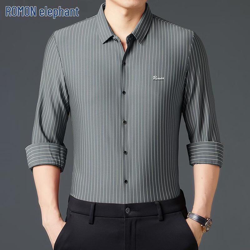 ROMON Men s Seamless Vertical Stripe Non-Iron Long Sleeve Shirt 190
