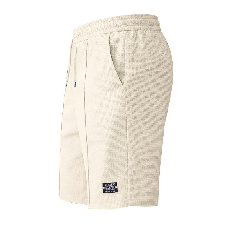 Men Casual Waffle Drawstring Elastic Waist Loose Beach Knee Length Shorts