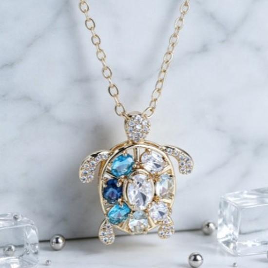 Luxurious and unique gold-colored diamond turtle necklace Ocean Wind Blue and White Zircon Turtle Pendant