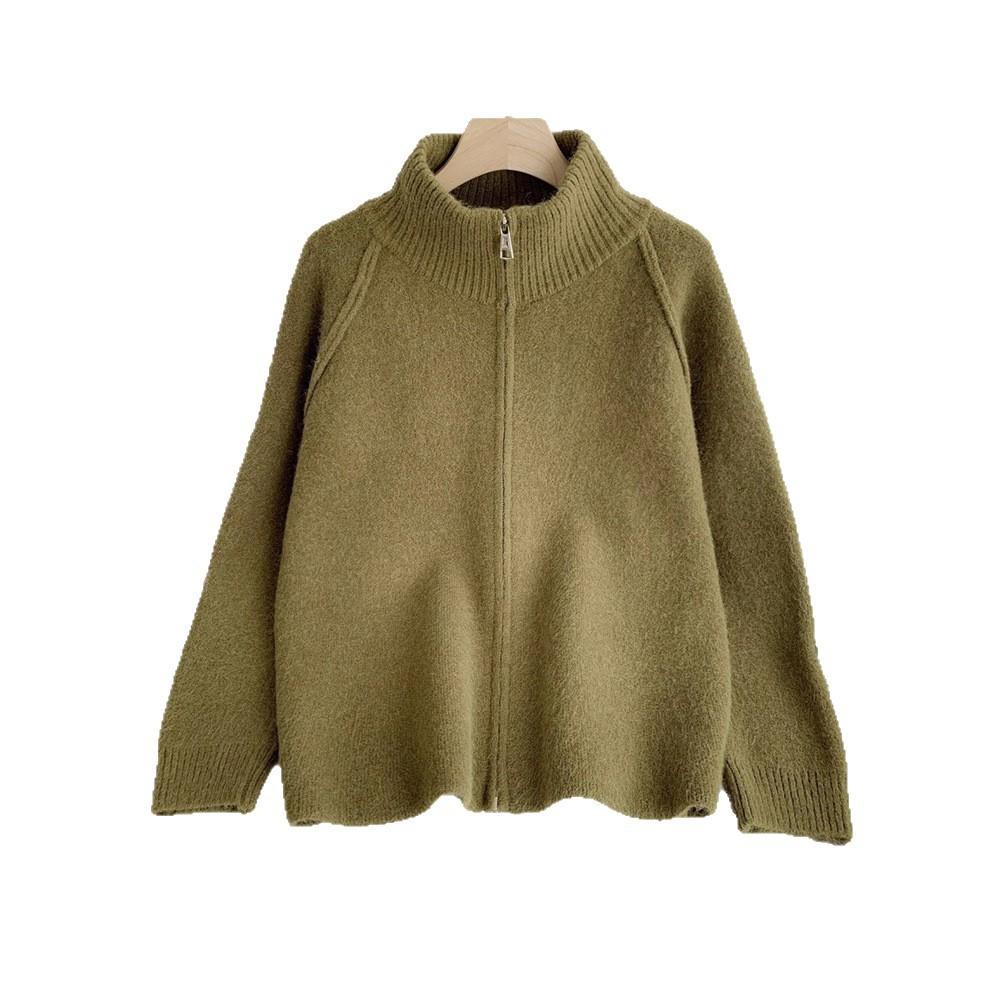 Cross-border Foreign Trade Solid Color Stand-up Neck Zipper Sweater Jacket Autumn and Winter New Loose Thickened Soft Waxy Knitted Cardigan Top