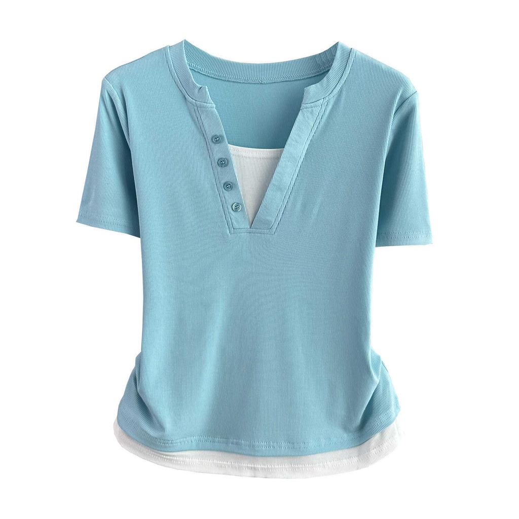 Plus Size V-Neck Short Sleeve Top With Standard Shoulder Slim Fit Lightweight Summer Tee Versatile Breathable Soft Material Flattering Slim Women Top