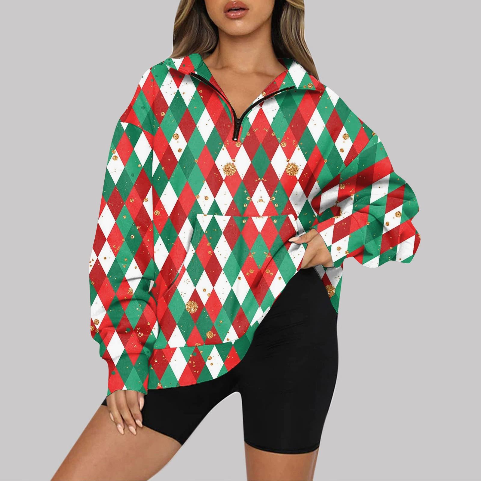 

Рождественская женская мода с длинным рукавом и принтом на молнии свитшот XXXL разноцветный