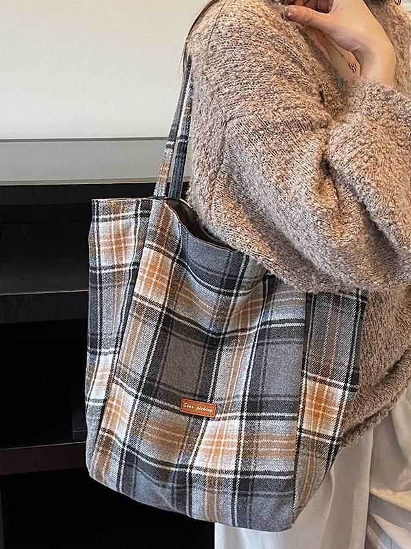 Korean Style Large Capacity Plaid Canvas Shoulder Bag for Women - Autumn/Winter 2025 Casual College Commute Tote