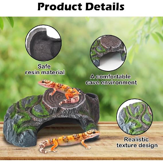 Resin Reptile Hide Cave,Leopard Gecko Cave Hideout Reptiles Habitat Tree Stump Decor Lizard Tank Climbing Ramp Basking Platform Accessories for Gecko